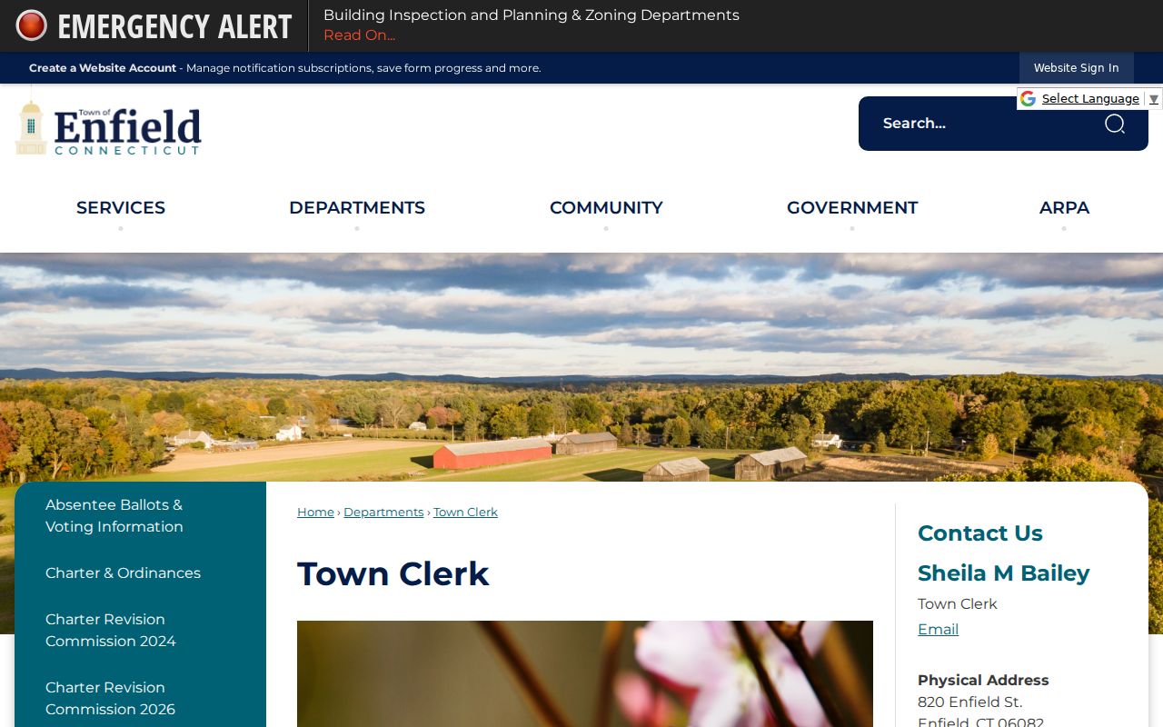 Enfield residents directory Town Clerk land records
